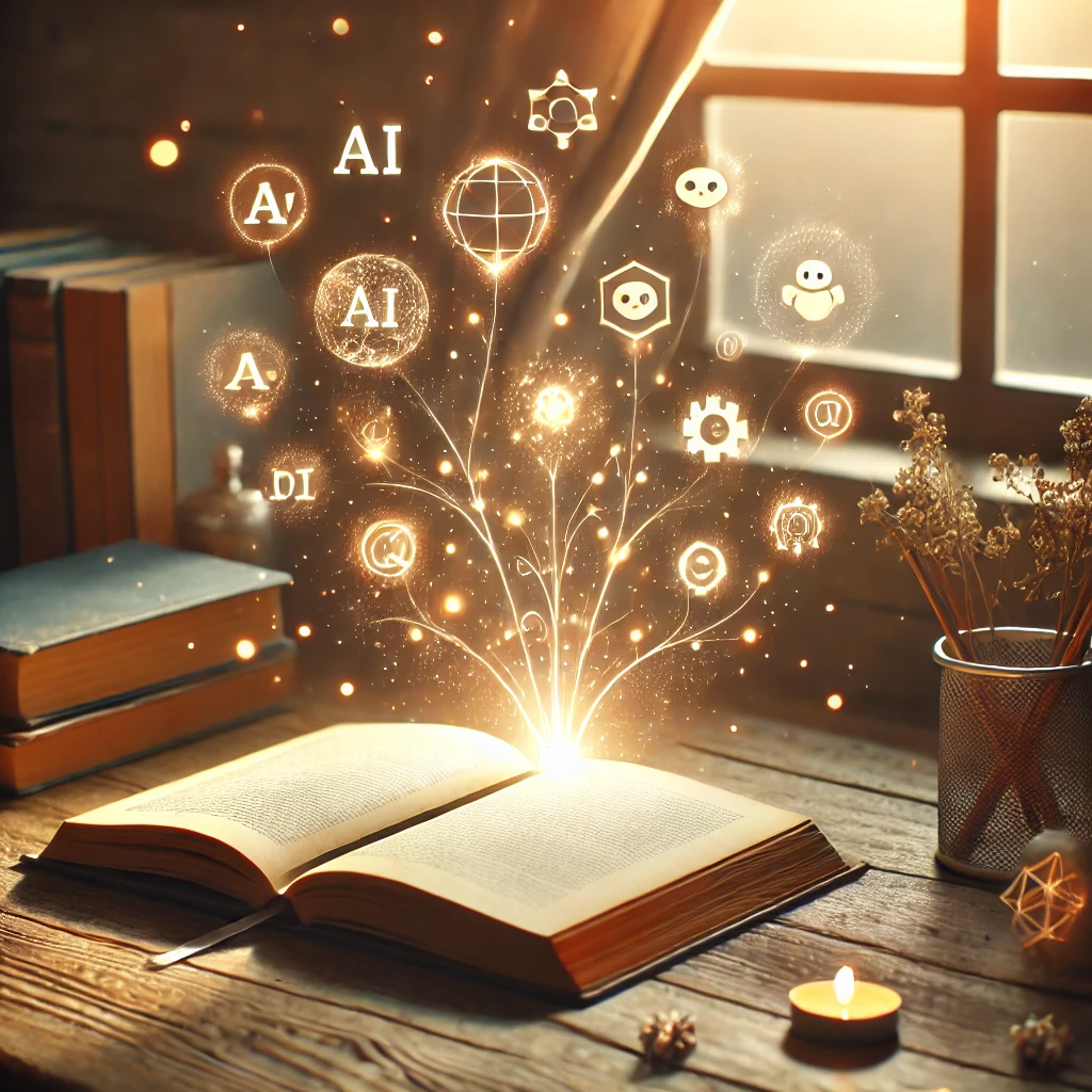 A softly lit workspace with an open book on a wooden desk.
                 Warm natural light streams in from a window, and above the book, 
                 translucent icons representing AI concepts gently float upward like steam. 
                 The scene evokes a sense of calm discovery and makes complex topics feel approachable.