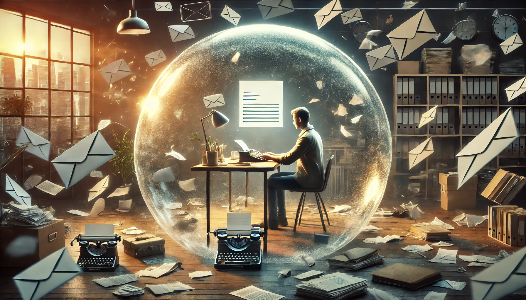 A person sits calmly at a tidy desk inside a glowing bubble of serenity, 
                      surrounded by a chaotic office with flying papers and clutter. 
                      A clean, minimal AI interface floats in front of them showing an email draft,
                       symbolizing clarity and emotional control in stressful environments.