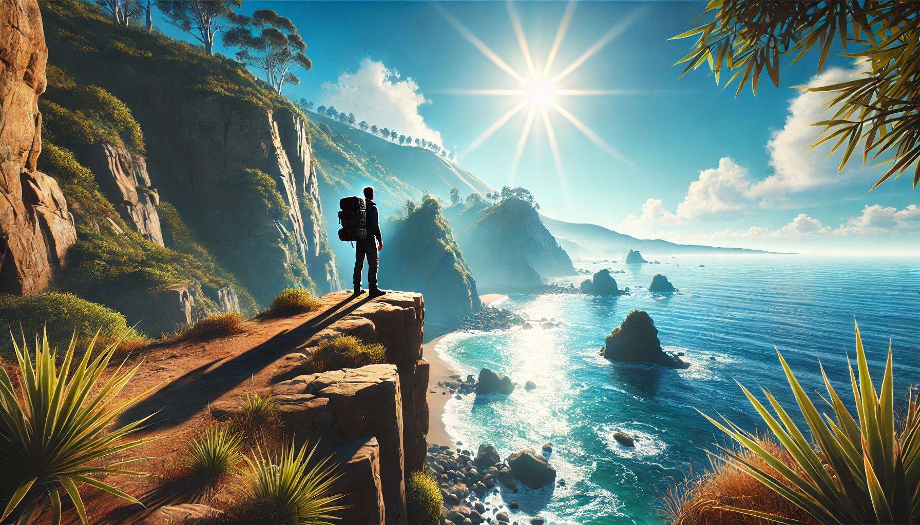 A lone traveler stands on a sunlit coastal cliff, gazing over the calm ocean, inspired by the Central Coast of California.